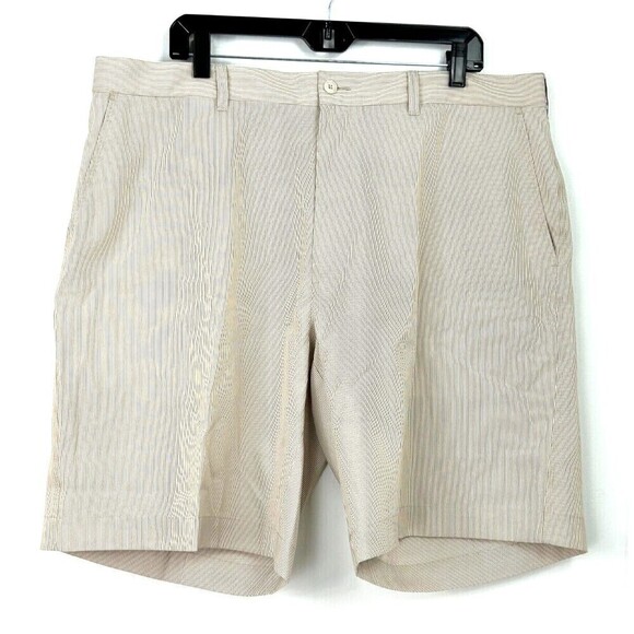 Alan Flusser Mens Golf Shorts 40x10 Inch Non Iron Performance Beige White Stripe - Picture 3 of 12